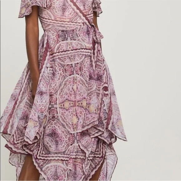 NEW BCBGMAXAZRIA Cold Shoulder Festival Paisley Wrap Midi Dress in Tibetan Red S - Picture 5 of 8